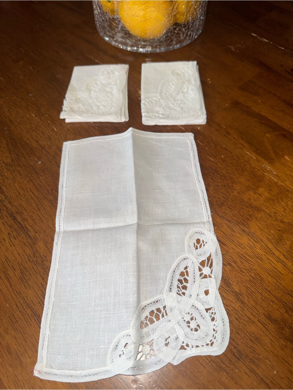 Vintage White Hand Embroidered Linen Wedding Handkerchiefs Cutwork Set of 3